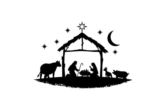 Silhouette Christmas christian nativity scene, illustration Birth of Christ, Christmas Manger scene with baby jesus