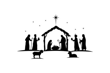 Silhouette Christmas christian nativity scene, illustration Birth of Christ - obrazy, fototapety, plakaty