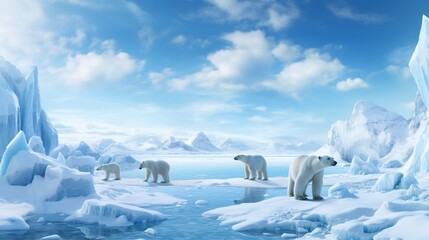 Fototapeta na wymiar Polar bears navigating a digitally created Arctic landscape, complete with icebergs and snow-covered terrain.