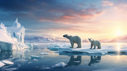 Polar bears navigating a digitally created Arctic landscape, complete with icebergs and snow-covered terrain. - obrazy, fototapety, plakaty
