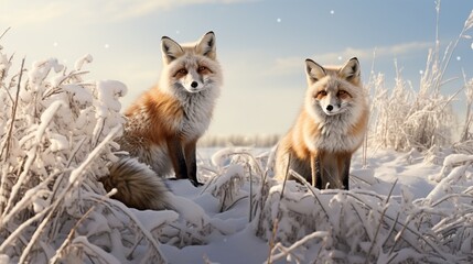 Red foxes in a lifelike 3D-rendered winter landscape, their fur and surroundings realistically textured. - obrazy, fototapety, plakaty