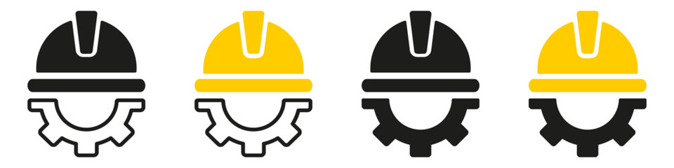 Construction helmet on the gear icons set. Construction, labor and engineering symbols.