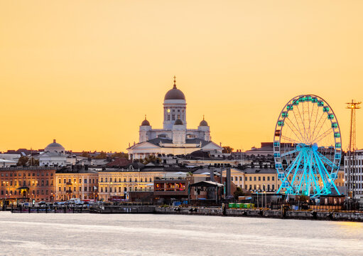 South harbour and City Center Skyline at dusk, Helsinki, Uusimaa County, Finland