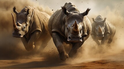 Rhinos kicking up dust as they charge across a realistic 3D-rendered plain, capturing the power and energy of these magnificent creatures. - obrazy, fototapety, plakaty