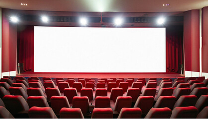 Red cinema or auditorium without people, empty, mockup, poster, space for text or advertising