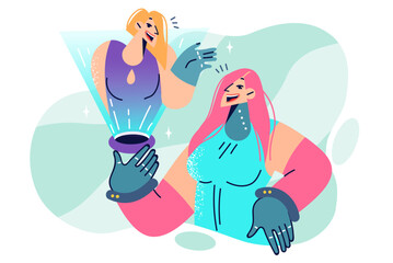 Woman from cyberpunk universe uses gadget for remote communication via virtual reality technology