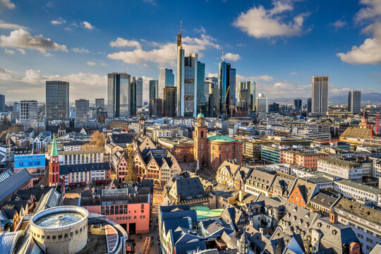 Fototapeta Aerial view of the city center and financial district, Frankfurt am Main, Hesse, Germany