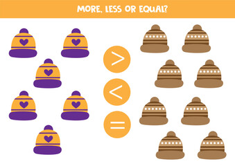 Grater, less or equal with cartoon colorful winter caps.