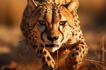 Graceful cheetah in full sprint across the African plains, Generative AI