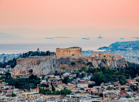View from Mount Lycabettus towards Acropolis at sunset, Athens, Attica, Greece