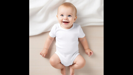 Happy baby in blank bodysuit white front facing home style