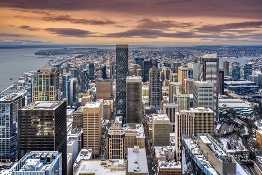 Aerial view of downtown skyline at sunset, Seattle, Washington, USA