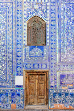 Uzbekistan, Khiva, Harem of the Tash Kauli complex, an ornate door in the harem for wives