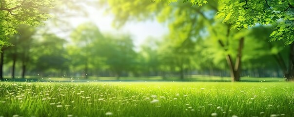 Fototapeta na wymiar Sunlit meadow. Vibrant and refreshing image captures essence of nature in spring or summer. Lush green meadow serves as picturesque background radiating with beauty of outdoors