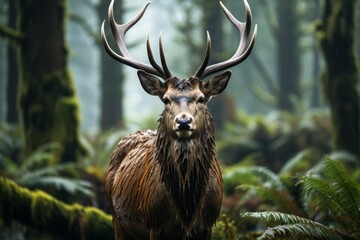 Regal stag with majestic antlers in a misty forest, Generative AI