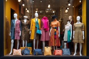 A beautiful bright multicolored showcase of a women's clothing store. White mannequins wearing different clothes, accessories, bags in the shop window. Shopping, interior designer concepts. - obrazy, fototapety, plakaty