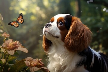 A Cavalier King Charles Spaniel watching a butterfly