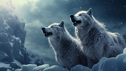 Wolves in a digitally crafted snowy wilderness, their fur realistically textured as they howl at the moon. - obrazy, fototapety, plakaty