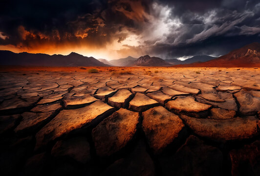 Cracked earth desolate landscape. Climate change concept. Global warming.