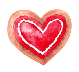 Watercolor icing heart shaped cooky for Valentines day. Hand drawn watercolour illustration of biscuit