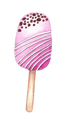 Watercolor illustration. Pink ice cream with chocolate isolated on white background.