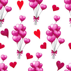 Seamless pattern with pink heart-shaped balloons. Watercolor texture illustration for card, textile, decor, paper, texture, packaging.