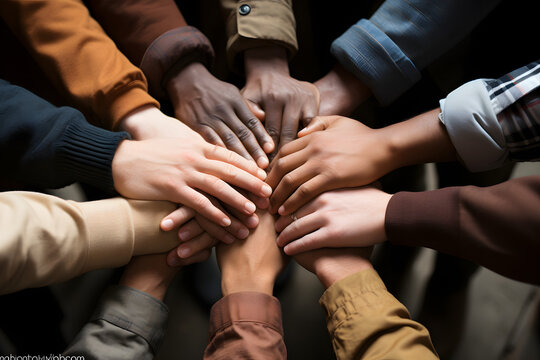 Group Of People Holding Hands. Hands Holding Teamwork Cooperation Togetherness Concept.Group Of Diverse Hands Together Joining Concept. Ai