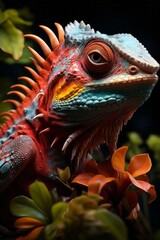 Fototapeta premium Colorful chameleon camouflaged in its tropical habitat, Generative AI