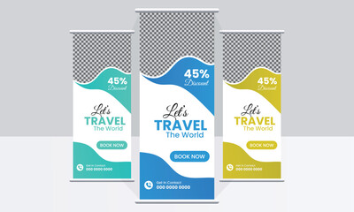 Travel Business agency Roll Up Template. Truism Standee Design Banner. Corporate digital Roll Up Banner. Vector x Banner, Holiday x-stand Banner. 
Company Tours Vacation exhibition display template.Tr