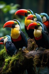Obraz premium Group of colorful toucans in a rainforest canopy, Generative AI