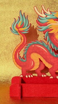 pan view Chinese New Year of Dragon mascot paper cut on gold background at vertical English translation of the Chinese words is happy new year no logo no trademark