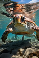 Group of sea turtles swimming in crystal-clear waters, Generative AI