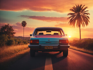 Summer vibes 80s style illustration with car driving into sunset 3D