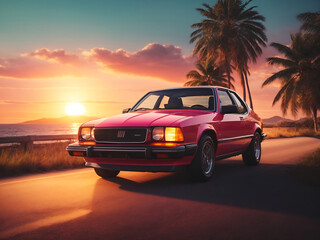 Fototapeta na wymiar Summer vibes 80s style illustration with car driving into sunset 3D