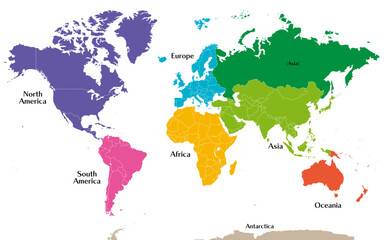 六州で色分けされた世界地図、ロシアをアジア州として別色で表示、英語 - obrazy, fototapety, plakaty