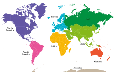 Tableaux ronds sur aluminium Carte du monde 六州で色分けされた世界地図、ロシアをアジア州として別色で表示、英語