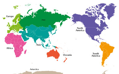 Fototapeta premium 六州で色分けされた世界地図、ロシアをアジア州として別色で表示、英語