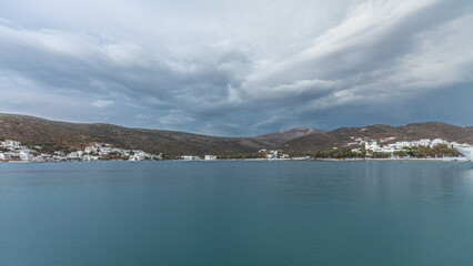 Panorama of Amorgos island evening timelapse. Greece