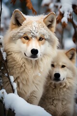 Naklejka premium Pair of wolves in a snow-covered forest, Generative AI