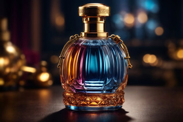 colorful vibrant Perfume bottle closeup, Luxury Oudh fragrance cosmetic brand ad promotion