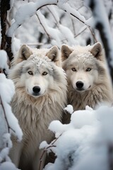 Obraz premium Pair of wolves in a snow-covered forest, Generative AI