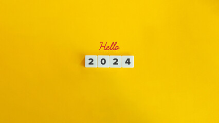 Hello 2024 Banner. Block Letter Tiles and Cursive Text on Yellow Background. Minimalist Aesthetics.