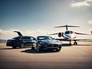 Fototapeta na wymiar Supercar and private jet on the landing strip. Business-class service at the airport. Business class transfer. Airport shuttle.