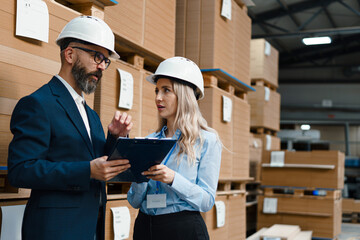 Female warehouse manager talking with logistics employee in warehouse, planning transport of...