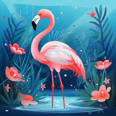 Flamingo rosa e plantas rosas e azuis no fundo azul - Ilustração infantil e colorida