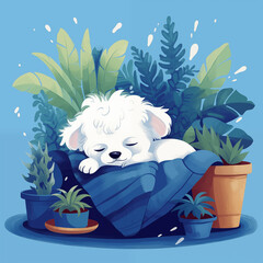 Cachorro fofo deitado em uma almofada dormindo com plantas verdes no fundo azul - Ilustração infantil e colorida - obrazy, fototapety, plakaty