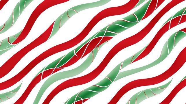 Elegantly flowing green and red ribbons on a white background, mimicking the curves and twists of Christmas candy.