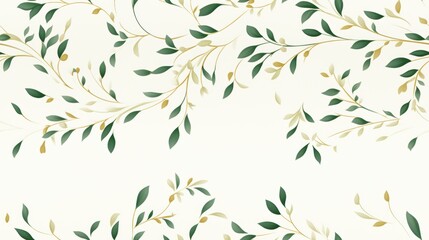 An elegant seamless pattern of green branches and gold olive-shaped berries on a clean white background, perfect for sophisticated decor.  Can be tiled.