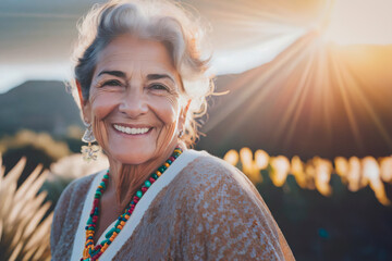 Elderly woman smiling happy and carefree at sunset - obrazy, fototapety, plakaty