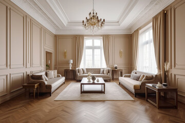 European interior design of the living room of an apartment house, warm colors, brown beige soft colors. AI Generative.